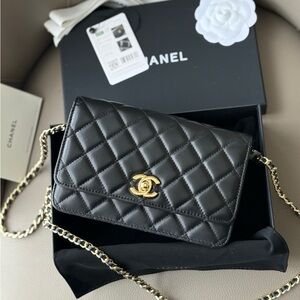 CHANEL Black Quilted Leather Crossbody with Gold CC Hardware